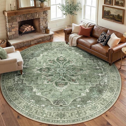 RELEANY Area Rugs Round 8ft Washable Non-Slip, Floral Vintage Distress Medallion Carpet for Living Room Bedroom Dining Room, Dark Green Gray