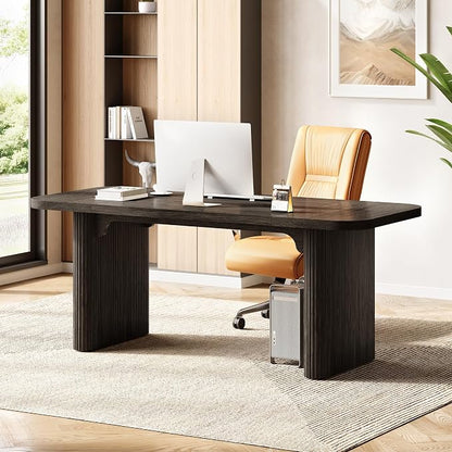 LITTLE TREE 62-Inch Computer Desk, Large Simple Writing Desk with Fluted Double Pedestal, Modern Home Office Desk, Wooden 5 Ft Small Conference Meeting Seminar Table, Charcoal Black
