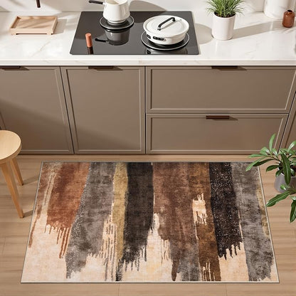 Ciicool Modern Abstract Area Rug 2x3 Washable Small Entryway Rugs, Black Brown Non-Slip Low Pile Throw Entry Rug, Foldable Kitchen Bathroom Rugs Floor Carpet for Entrance Bedroom Indoor Doormat