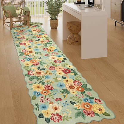 DUKINO 2.6x10 Runner Rug for Hallway, Lightweight Washable Floral Kitchen Rug with Non Shedding, Soft Low Pile & Non Slip Backing Boho Runner for Entryway, Bathroom, Laundry, Bedroom, Green