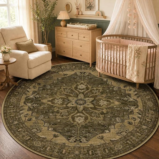 RELEANY Area Rugs Round 5ft Washable Non-Slip, Floral Vintage Distress Medallion Carpet for Living Room Bedroom Dining Room, Brown Dark Brown