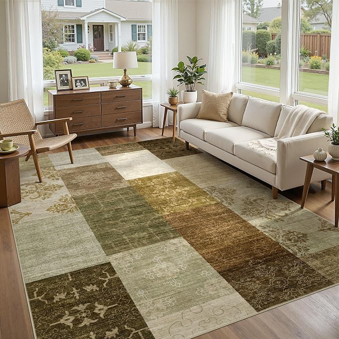 UERMEI 9x12 Area Rug for Living Room - Washable Neutral Modern Abstract Carpet, Non-Slip Soft Large Indoor Floor Rugs for Bedroom Home Office & Under Dining Table Decor, Brown/Green