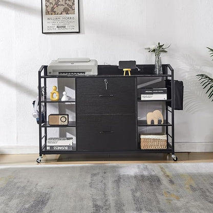 45" File Cabinet for Home Office, Mobile Office Storage Cabinet with Built-In Power Outlet, 2 Drawer Filing Cabinet with Lock, Shelves, Metal Hook, Storage Bag fits A4/Legal/Letter Size (Black)