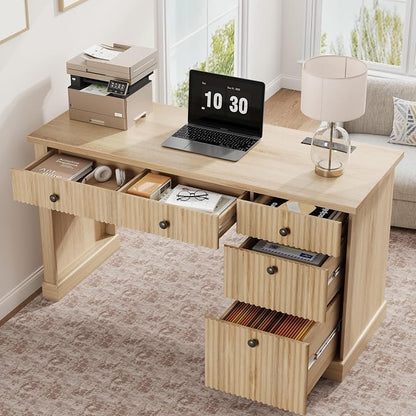Garvee Fluted Home Office Desk with File Drawer, 54" Modern Executive Desk with Charging Station, Wooden Computer Writing Desk for Home Office, Study Room, Oak