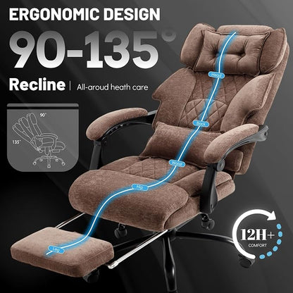 Massage Office Chair with Foot Rest,6 Points Vibration & Heat Executive Office Chairs,Ergonomic Fabric Desk Chair for Heavy People,Big and Tall Office Chair 500LBS,Recliner with Dual-Use Pillow,Brown