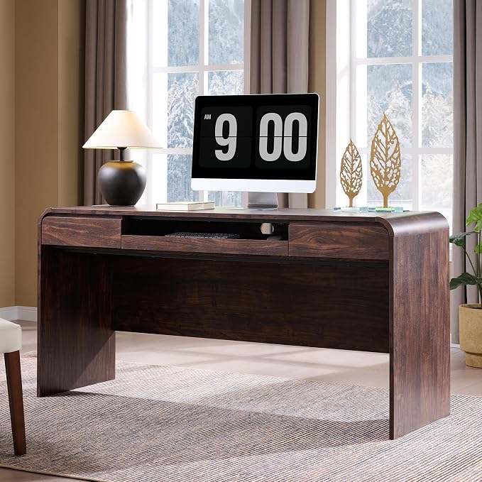 63" Modern Computer Desk with 2 Drawers, Wood Curved Executive Desk with Keyboard Tray & Power Outlet, Writing Desks with Storage for Home Office, Study Room, Living Room (Brown)