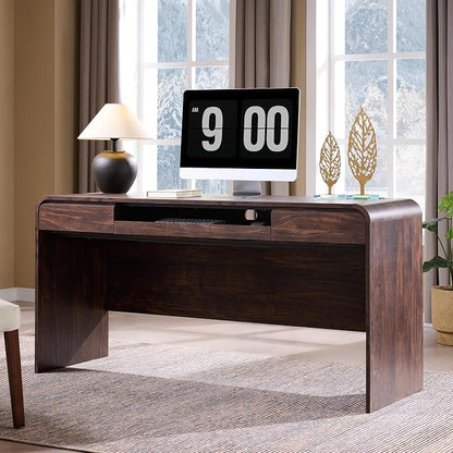 63" Modern Computer Desk with 2 Drawers, Wood Curved Executive Desk with Keyboard Tray & Power Outlet, Writing Desks with Storage for Home Office, Study Room, Living Room (Brown)