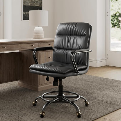 EUREKA ERGONOMIC Mid-Century Vintage Office Chair, Faux Leather Executive Desk Chair with Unique Ball Casters and Fixed Footrest Ring, Brown Retro Swivel Chair for Home Office and Study, Gray