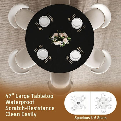 47 inch Round Dining Table for 4-6, Dinner Table with 2-Layer Storage Shelf, Morden Circle Kitchen Table with Wooden Strip Base and Wood Slide Door for Home Dining Room, Living Room, Black