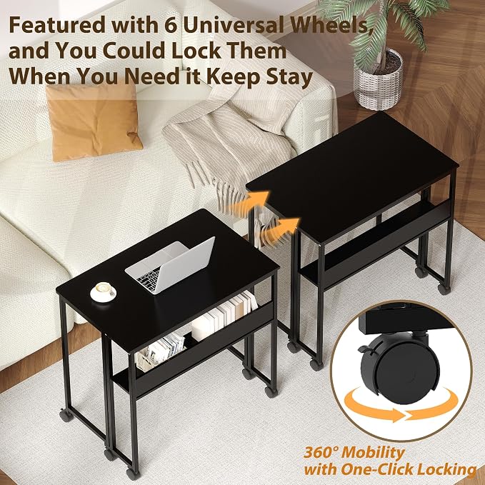 31.5" Folding Desk Rolling Desk with Storage Shelf,Space-Saving Foldable Computer Desk with Wheels,Portable Mobile Couch Sofa Side Table for Small Spaces, Home Office, Study, Easy Assembly,black
