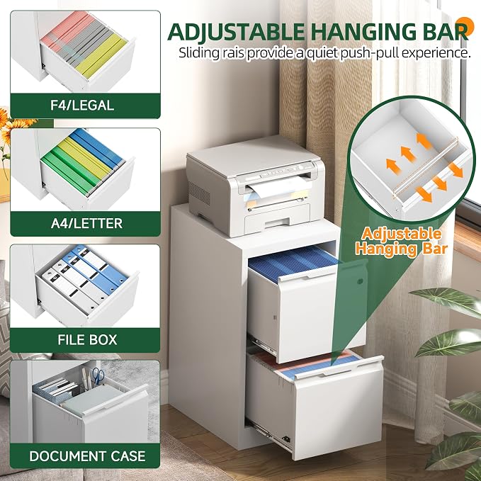 2 Drawer File Cabinet with Lock, Filing Cabinets for Home Office | Small File Cabinet Under Desk, Lockable File Cabinet, Metal File Cabinet for Letter/Legal/A4/F4 Size, Assemble Required