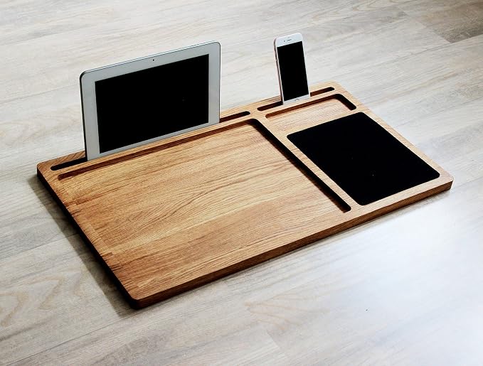 Personalized Solid Oak Wood Lap Desk Tray | Includes Mouse Pad & Slots for iMac & iPhone | Portable Laptop Stand, Phone & Tablet Holder | Multi-Tasking Mobile Workstation Idea for Him