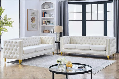 mikibama 2PC Velvet Sofa Couch Set for Living Room,Button Tufted 3 Seater Sofas Set of 2,Modern Upholstered 3-Seat Couches with Nailhead Trims,Golden Metal Legs for Bedroom