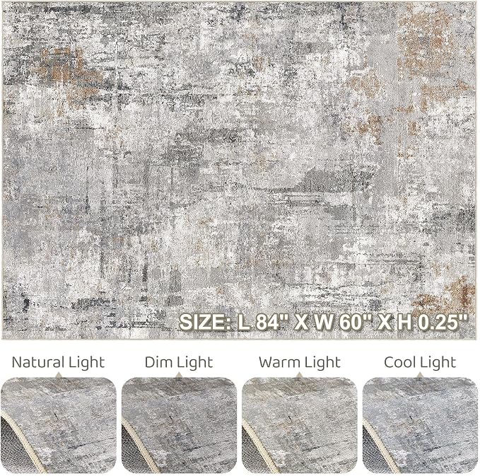 5x7 Area Rugs Washable Rug: Living Room Large Abstract Modern Soft Stain Resistant Indoor Floor Non Slip Accent Carpet for Bedroom Nursery Playroom Dining Room Office Dorm Home- Gray Rust