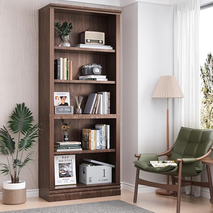 72 in Tall Bookcase, 31.3 in Wide Floor Standing Bookshelf, Open Storage 5-Shelf Bookshelves, Dark Cherry Large Indoor Furniture for Home Office School Library Living Room Bedroom