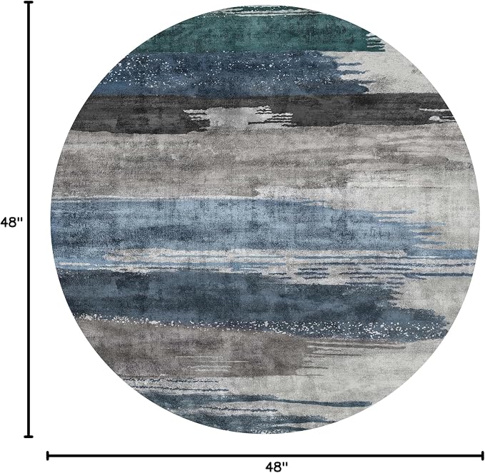 Ciicool 4ft Round Washable Rug, Modern Abstract Circle Rugs, Non-Slip Thin Low-Pile Rug Navy Grey Circular Print Distressed Carpet for Bedroom Living Room Under Dining Table Home Office Decor