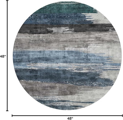 Ciicool 4ft Round Washable Rug, Modern Abstract Circle Rugs, Non-Slip Thin Low-Pile Rug Navy Grey Circular Print Distressed Carpet for Bedroom Living Room Under Dining Table Home Office Decor