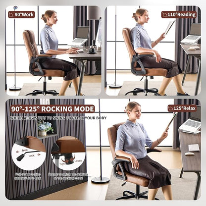 Executive Office Chair, Ergonomic PU Leather Computer Chairs, Executive Breathable Desk Chair with Padded Flip-Up Arms, 360° Swivel Rolling Chair Comfy Padded for Working Studying Gaming (Brown)