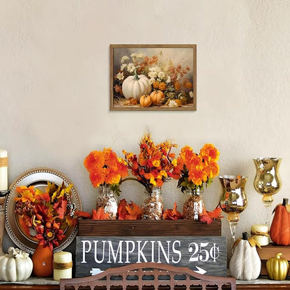 Framed Fall Pumpkin Wall Art - White Pumpkin and Autumn Floral Canvas Print, Rustic Farmhouse Harvest Halloween Thanksgiving Wall Decor for Living Room Bedroom Dining Room, 12x16in Wood Frame