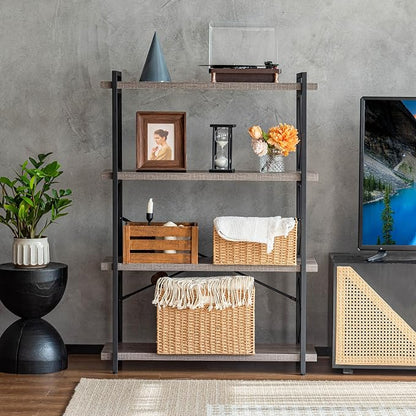 HCHQHS Bookshelf, 4-Tier Industrial Bookcase, Rustic Open Book Shelf, Freestanding Tall Bookshelves with Metal Frame