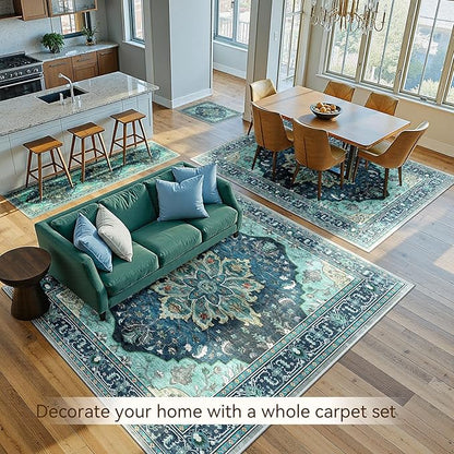 RELEANY Area Rugs Large 10'x14' Washable Non-Slip, Floral Vintage Distress Medallion Carpet for Living Room Bedroom Dining Room, Teal Green Lake Blue Turquoise