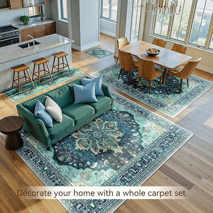 RELEANY Area Rugs 5'x7' Washable Non-Slip, Floral Vintage Distress Medallion Carpet for Living Room Bedroom Dining Room, Teal Green Lake Blue Turquoise