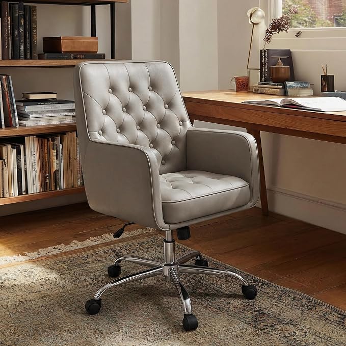 COLAMY Verso Home Desk Chair with Armrest, Leather Swivel Office Chair Adjustment Height with Wheels, Comfortable Padded Seat, Khaki