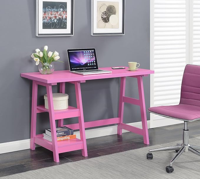 Convenience Concepts Designs2Go Trestle Desk 47" - Modern Desk or Vanity with Shelves, for Office, Dorm, Living Room, Pink