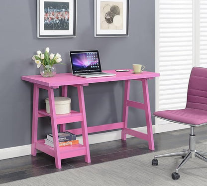Convenience Concepts Designs2Go Trestle Desk 47" - Modern Desk or Vanity with Shelves, for Office, Dorm, Living Room, Pink
