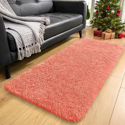 OLANLY 2x4 Machine Washable Runner Rugs for Hallway, Soft Fluffy Shaggy Bedside Rugs for Bedroom, Living Room, Indoor Floor Carpet for Kids Girls and Boys, Home Decor Aesthetic, Coral Red