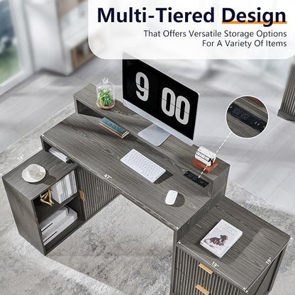 JXQTLINGMU 67" Modern L Shaped Desk with Storage Cabinet & Drawers, Wood Home Office Desk with Power Outlets, Fluted Computer Writing Desk, Grayish Green