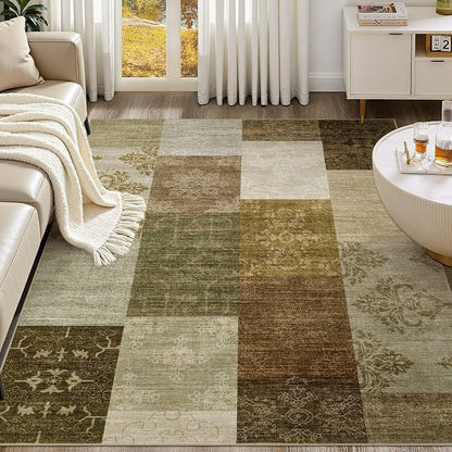 UERMEI 5x7 Area Rug for Living Room - Washable Neutral Modern Abstract Carpet, Non-Slip Soft Large Indoor Floor Rugs for Bedroom Home Office & Under Dining Table Decor, Brown/Green