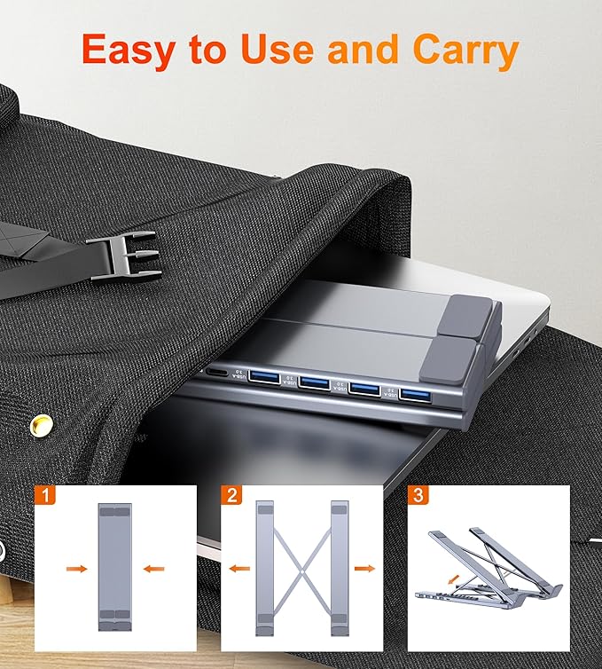 Mukiya 5-in-1 USB C Hub Adjustable Aluminum Laptop Stand, 4-Port USB A 3.0 with 5Gbps Data Transfer USB C Hub Docking Station [Charging Not Supported] for MacBookPro/Air/Dell/HP/Lenovo