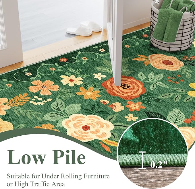 DUKINO Runner Rug for Hallway, 2.6x10 Washable Floral Long Kitchen Rug with Non Slip Backing, Lightweight & Stain Resistant Runners for Indoor Entrance, Laundry, Living Room, Bedroom, Dark Green