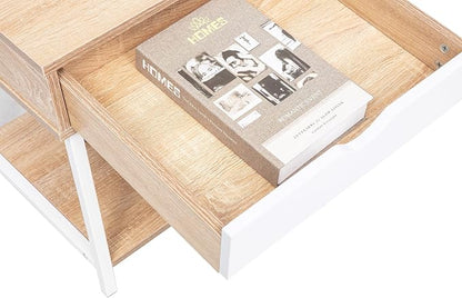 JJS Side End Table, Nightstand, Bedside Table with Drawer and Storage Shelves, Sofa Table for Living Room, Bedroom, Accent Furniture, Easy Assembly, Oak/White