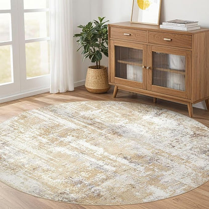 Round Rug Living Room Rugs: 5Ft Washable Circle Large Abstract Modern Soft Stain Resistant Non Slip Indoor Floor Carpet for Bedroom Nursery Office Dining Room Dorm Home House Decor- Gray Gold