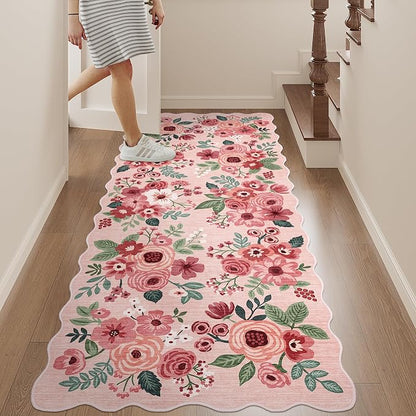 DUKINO 2x5 Washable Runner Rugs, Non Slip Floral Print Entryway Rug with Soft Low Pile, Lightweight Mat for Living Room, Bathroom, Bedroom, Kitchen, Pink