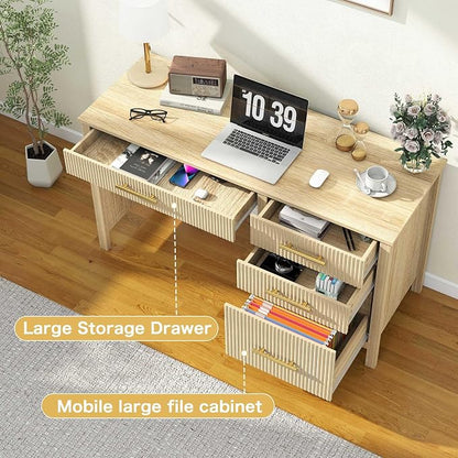 Modern Executive Desk with Drawers: 54 Inch Oak Home Office Desks with File Drawer, Wood Fluted Desk with Storage, Writing Computer Desks with 4 Drawers