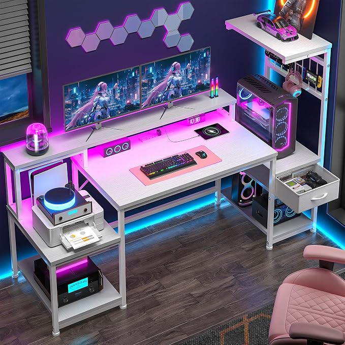 DurayLoly 55" Computer Desk with LED Lights & Outlets,Office Desk with Drawers & Monitor Stand,Gaming Desk with 3 Storage Shelves, Hooks& Printer Space for Game&Study Room,Home Office,Bedroom,White