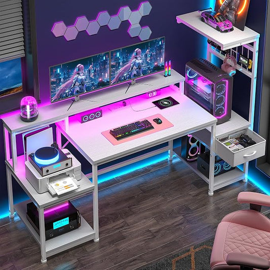 DurayLoly 55" Computer Desk with LED Lights & Outlets,Office Desk with Drawers & Monitor Stand,Gaming Desk with 3 Storage Shelves, Hooks& Printer Space for Game&Study Room,Home Office,Bedroom,White