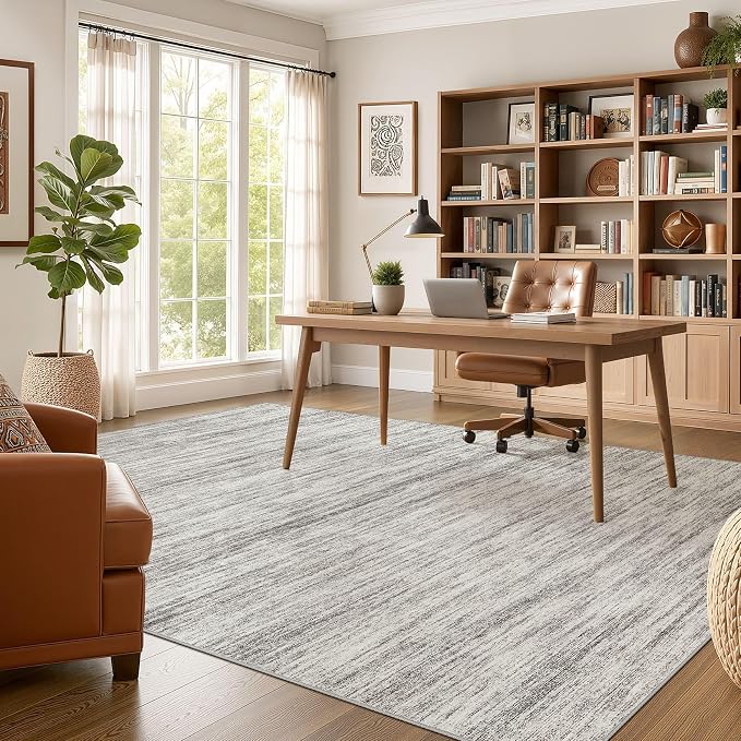 Nakagishi 7X9 Area Rugs Living Room: Washable Large Vintage Rug Neutral Non-Slip Soft Stain Resistant Indoor Carpet for Bedroom Nursery Dining Room Office Playroom - Grey