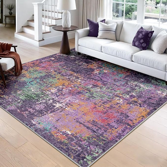 RELEANY Washable Area Rugs Square 8ft Non-Slip Modern Abstract Soft for Living Room Entryway Bedroom Kitchen, Print Pattern, Purple Orange Blue Green Rust Red Colorful