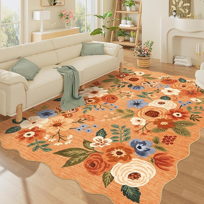 DUKINO 5x7 Area Rug, Floral Washable Rugs for Living Room with Non Slip Backing & Non-Shedding, Lightwight Low Pile Boho Design Large Carpets for Bedroom, Living Room, Dining Room, Orange