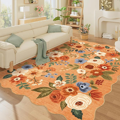 DUKINO 5x7 Area Rug, Floral Washable Rugs for Living Room with Non Slip Backing & Non-Shedding, Lightwight Low Pile Boho Design Large Carpets for Bedroom, Living Room, Dining Room, Orange