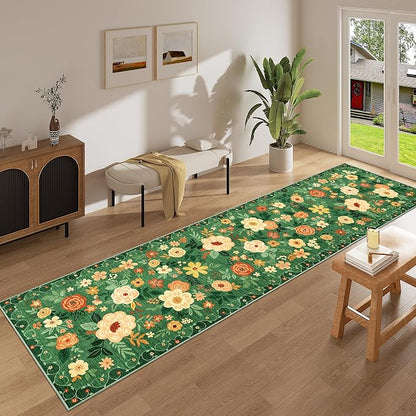 DUKINO Runner Rug for Hallway, 2.6x10 Washable Floral Long Kitchen Rug with Non Slip Backing, Lightweight & Stain Resistant Runners for Indoor Entrance, Laundry, Living Room, Bedroom, Dark Green