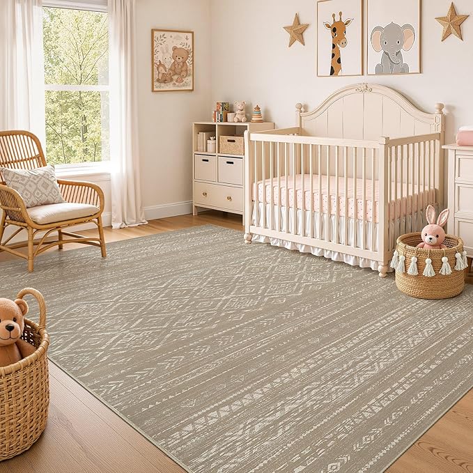 Nakagishi Area Rug Living Room Rugs: 6x9 Large Soft Machine Washable Boho Moroccan FarmNeutral Stain Resistant Indoor Floor Carpet for Bedroom Under Dining Table Home Office Decor-Dark Brown