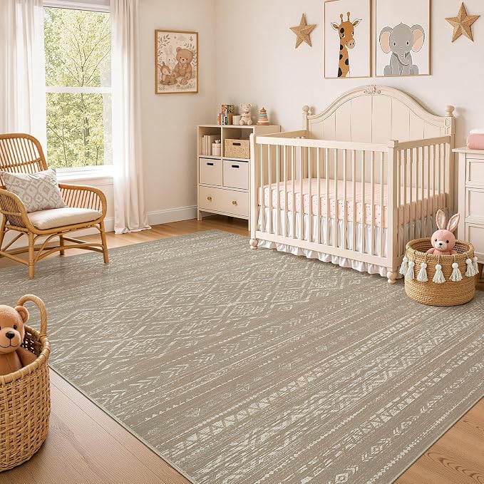 Nakagishi Area Rug Living Room Rugs: 10x14 Large Soft Machine Washable Boho Moroccan FarmNeutral Stain Resistant Indoor Floor Carpet for Bedroom Under Dining Table Home Office Decor-Dark Brown