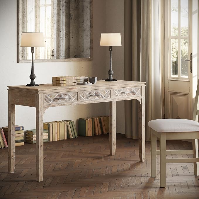 Jofran Mid-Century Modern Chevron Desk with 3 Drawers and USB Charging, 48" Writing Desk for Home Office, Grey Wash