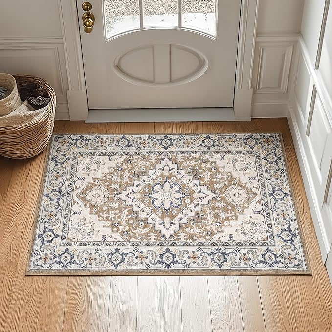 Lofus 2x3 Washable Rug for Entryway Bathroom, Non Slip Kitchen Mats for Floor, Vintage Soft Door Mat Indoor Entrance, Small Area Rugs, Farmhouse Carpet for Entry Living Room Bedroom, Floral Brown
