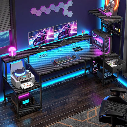 DurayLoly 55" Gaming Desk with LED Lights & Outlets,Computer Desk with Drawers & Monitor Stand,Gaming Table with 3 Storage Shelves, Hooks& Printer Space for Game&Study Room,Home Office,Bedroom,Black